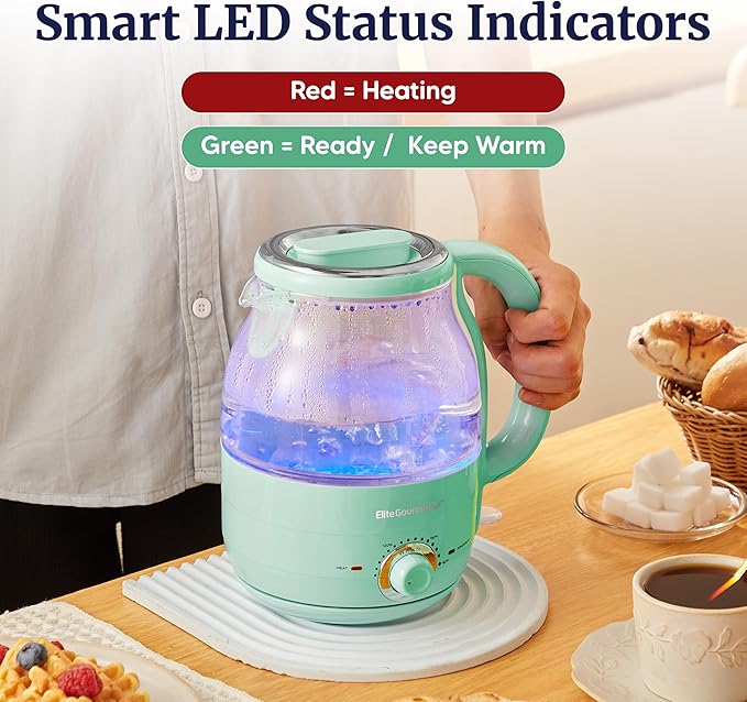 Elite Gourmet 1.2L Electric Glass Kettle, 1200W Fast Boil, Adjustable Temperature Control & Keep Warm, BPA-Free Borosilicate Glass, Auto Shut-Off & Boil-Dry Protection, 360° Cordless Base, Mint