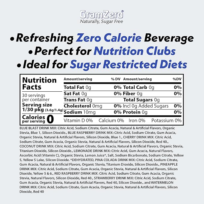 GramZero 2GO Sticks - Variety Pack, Zero Calorie Sugar Free Drink Mix, Stevia Sweetened, Great For Nutrition Club Loaded Tea To Go Kits