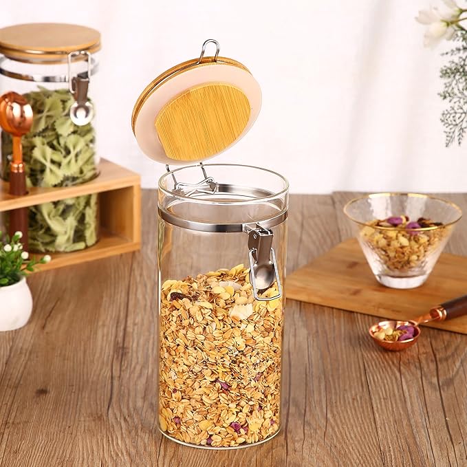 Glass Coffee Storage Container with Bamboo Shelf, 3PCS 49oz Airtight Sealed Coffee Bean Jar with Clamp Lid & Measuring Spoon, Kitchen Pantry Canister Set for Ground Coffee Sugar Tea Flour
