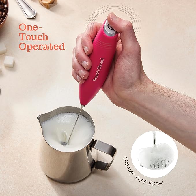 Powerful Handheld Milk Frother, Mini Milk Foamer, Battery Operated (Not included) Stainless Steel Drink Mixer with Frother Stand for Coffee, Lattes, Cappuccino, Frappe, Matcha, Hot Chocolate.