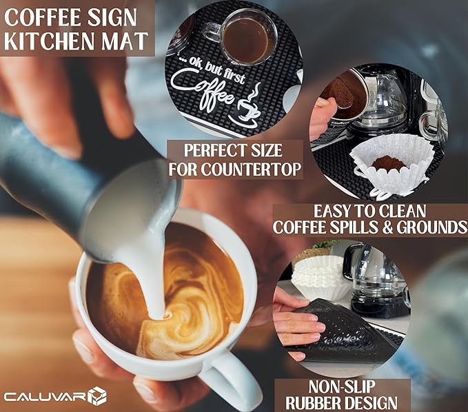 Ok But First Coffee Sign Rubber Bar Mat for Countertop, 18x12 Coffee Bar Mat, Coffee Bar Sign Counter Mat, Barista Station Mat, Cocktail Rubber Mat