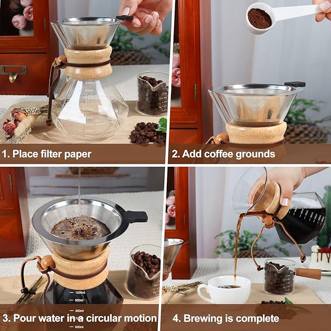 Pour Over Coffee Maker 1000ml 33.8oz Glass Drip Coffee Maker with 304 Stainless Steel Filter High Borosilicate Glass Duckbill Spout Solid Wood Handle Pour Over Coffee Dripper for Daily Brewing