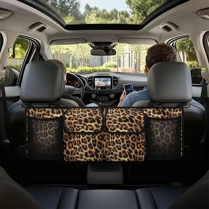 SEANATIVE Brown Leopard Car Trunk Organizer, Large Capacity Car Organizer SUV, Equipped with Robust Elastic Net, Hanging Car Storage Organizer with Lids, Space Saving Expert