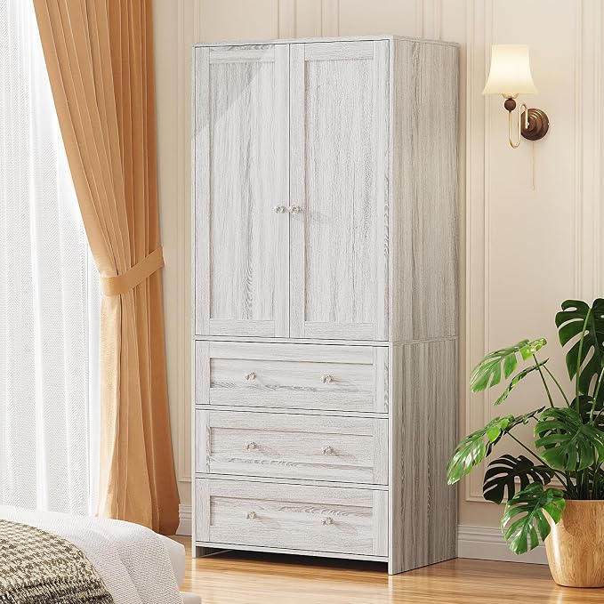 VOWNER Armoire Wardrobe Closet with Drawers and Mirror, 71" Clothing Storage Cabinet with Hanging Rod, 2 Doors Wooden Wardrobe Cabinet for Bedroom, Large Capacity Storage