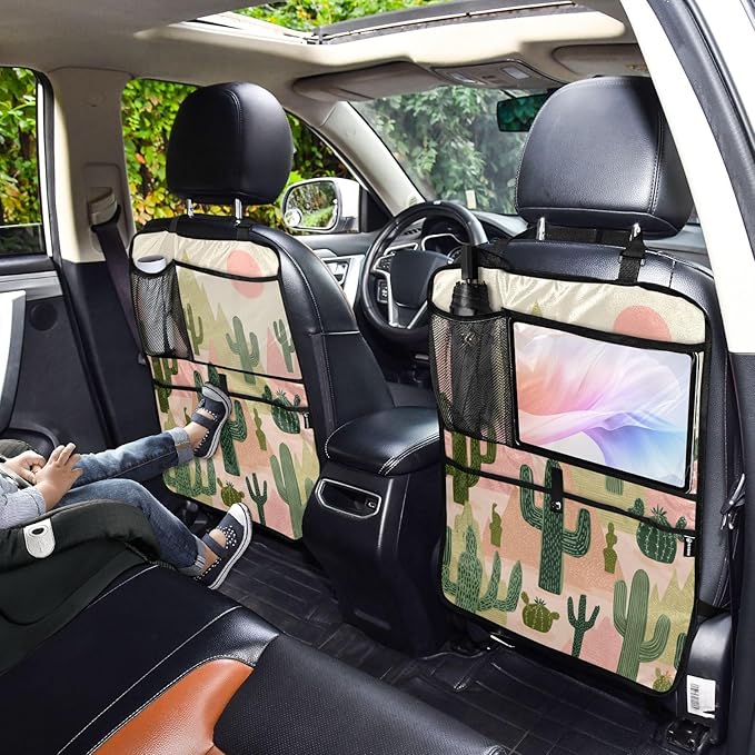 1 Pack Back Seat Car Organizer with Storage Pockets Kick Mats Back Seat Protector Hanging Car Organizer Automotive Seat Back Cover Organizers Boho Cacti Mountains Sun