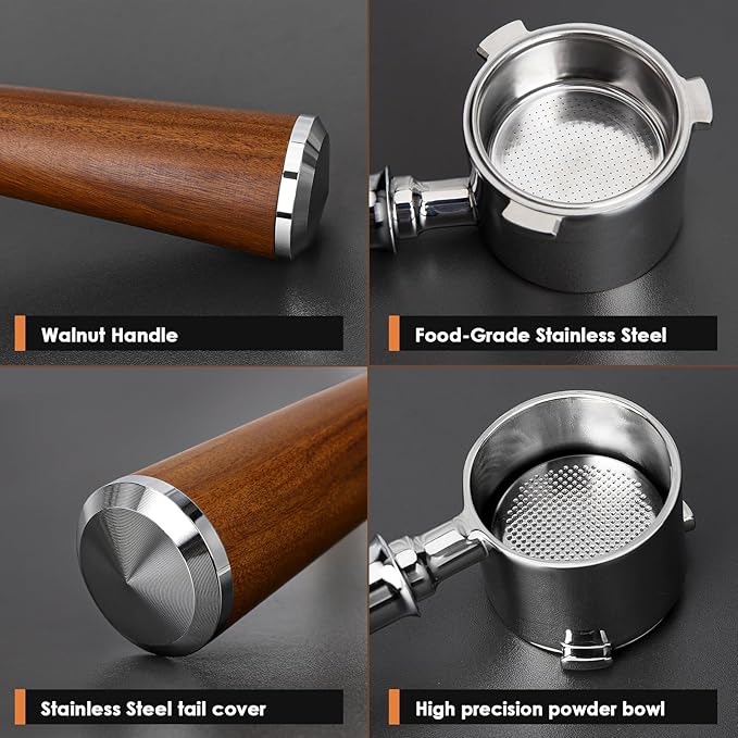 51mm Bottomless Portafilter 3 Ears Compatible with De-longhi La Specialista Coffee Espresso Machine EC9335 9155 9355 9665,100% Stainless Steel Filter Basket and Walnut Handle