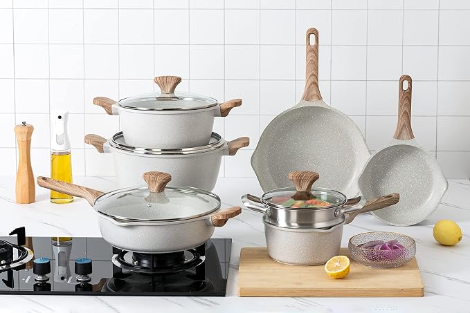 Country Kitchen Non-Stick Cast Aluminum Cookware Set - Durable Kitchen Cookware for Everyday Cooking, Cream, 11 Pc.