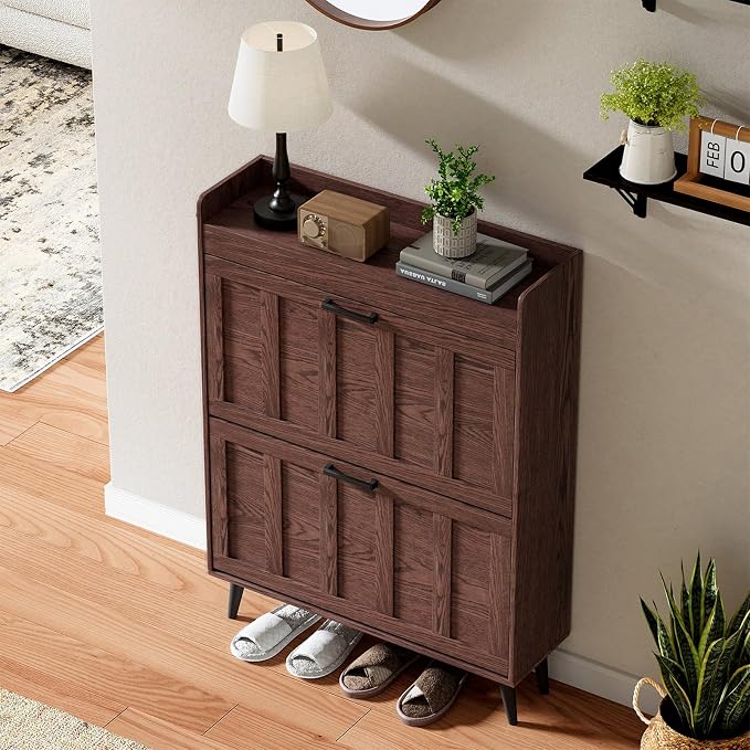 ChooChoo Shoe Storage Cabinet with 2 Flip Drawers, Farmhouse Shoe Organizer Storage for Entryway, Freestanding Hidden Slim Narrow Shoe Rack Cabinet, Walnut
