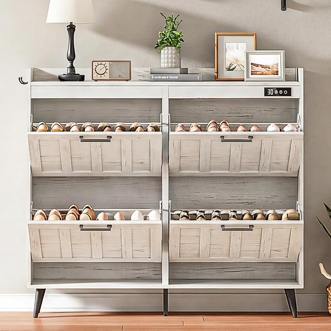 ChooChoo Shoe Storage Cabinet with 4 Flip Drawers, Deodorizing Shoe Organizer Storage for Entryway, Freestanding Hidden Slim Narrow Shoe Rack Cabinet, Antique White