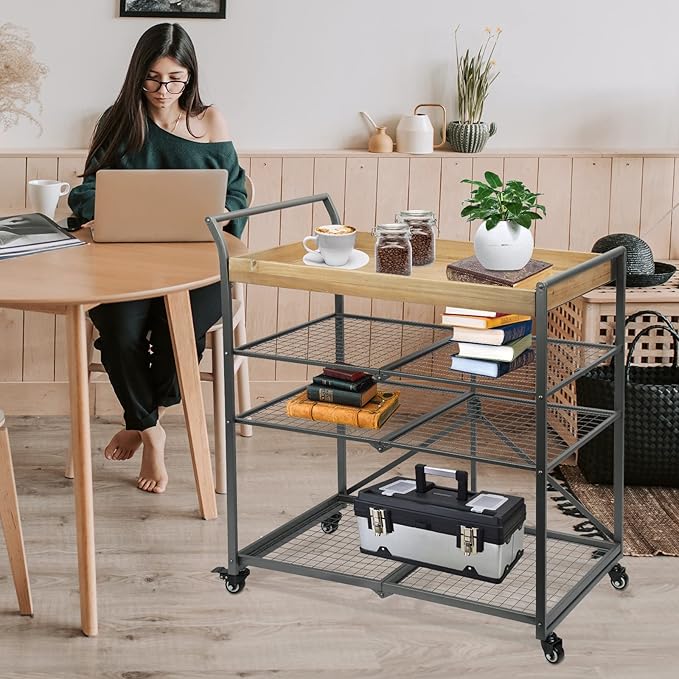 Vipush Kitchen Serving Cart, 4-Tier Kitchen Utility Cart on Wheels with Storage for Living Room, Wood Look Accent Furniture with Metal