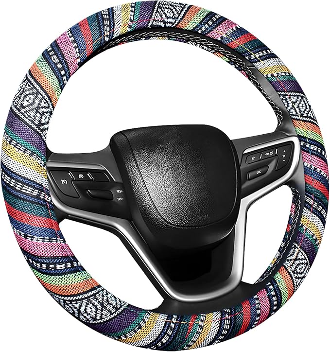 Boho Car Steering Wheel Cover, Ethnic Style Anti-Slip Coarse Flax Cloth Auto Wheel Cover, Bohemian Steering Wheel Protector for Most SUVs Vans Trucks, Car Accessories (Style B)