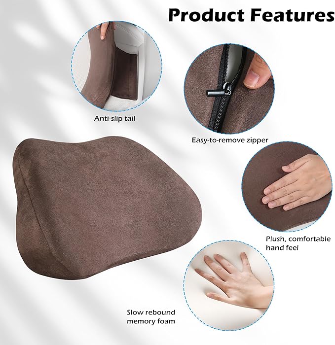 Lumbar Support Pillow for Car, Ergonomic Memory Foam Back Cushion for Driving, Seat Office Chair, Gaming Chair, Lower Back Support for Back Pain Relief, Brown, 1 Pack