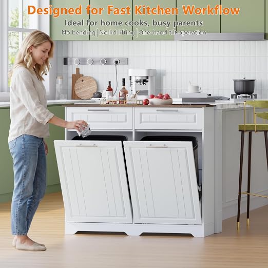 Double 10 Gallon Tilt Out Trash Can Cabinet with Deodorizing Function and Power Outlet, Wooden Hidden Garbage Can Holder with 2 Storage Drawers for Kitchen, Laundry Hamper Cabinet for Bathroom, White