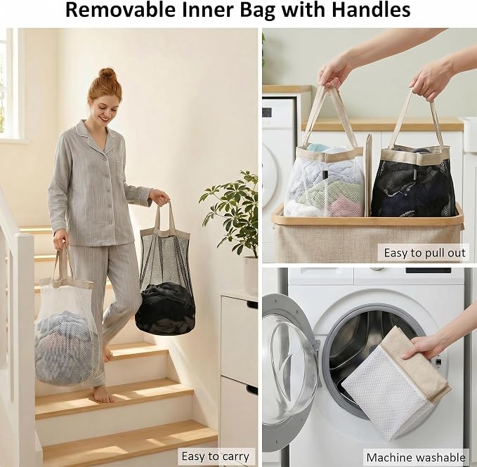 efluky Laundry Hamper with Lid, Double Laundry Basket with 2 Removable Bags, 2 Section Laundry Bin with Bamboo Handles for Bathroom, Bedroom & Laundry Room, 140L (36.9 Gallon) Oat