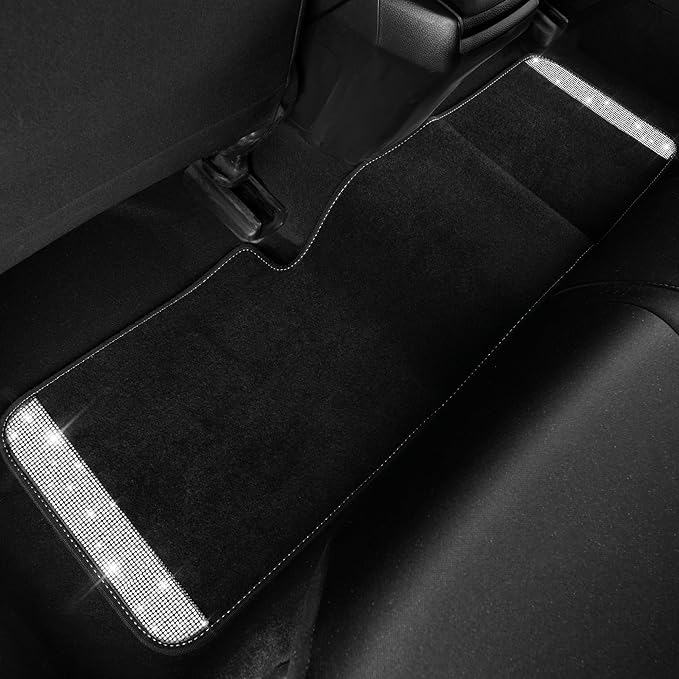 CAR PASS 3 Row Bling Diamond Car Mats Shining Carpet Rhinestones Sparkly Glitter Floor Mats Anti-Slip PVC Heel Pad Universal for Automotive SUV,Sedan,Van, 3rd Row 2 Rear for Girl Women, Black Silver