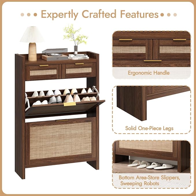 HOKYHOKY Rattan Shoe Storage Cabinet with 2 Drawers & 2 Flip Drawers – Hidden Slim Shoe Organizer for Entryway, Large Tabletop Space, Farmhouse Boho Narrow Shoe Rack, Walnut