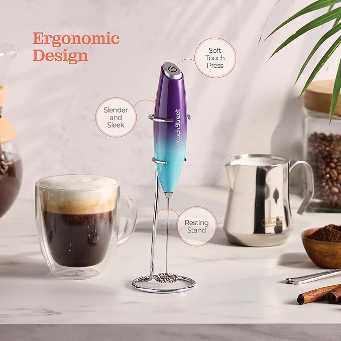 Powerful Handheld Milk Frother, Mini Milk Foamer, Battery Operated (Not included) Stainless Steel Drink Mixer with Frother Stand for Coffee, Lattes, Cappuccino, Frappe, Matcha, Hot Chocolate.