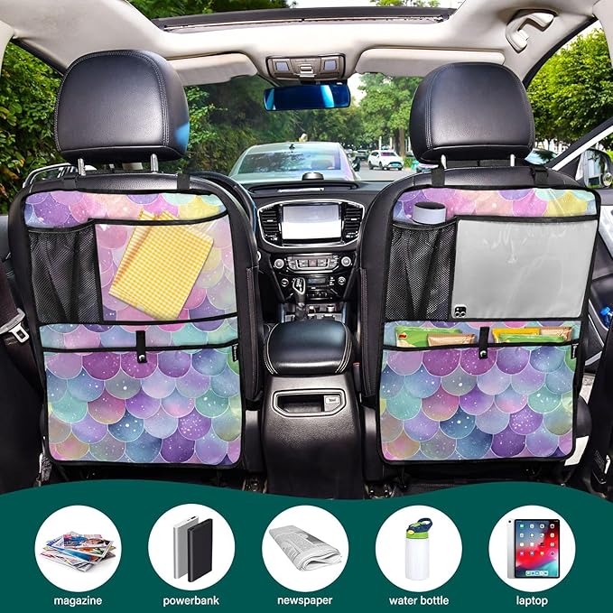 2 Pack Back Seat Car Organizer with Storage Pockets Kick Mats Back Seat Protector Hanging Car Organizer Automotive Seat Back Cover Organizers Watercolor Mermaid Scales Colors