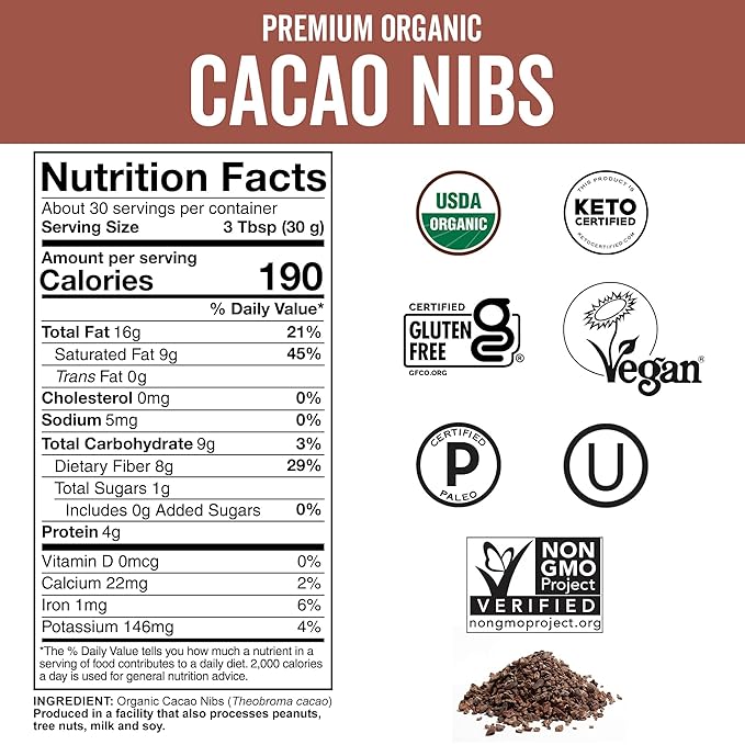 Viva Naturals Organic Cacao Nibs, Unsweetened, 2 LB (907 g), Keto Friendly, Vegan, Non-GMO, Gluten-Free Chocolate Chip Substitute