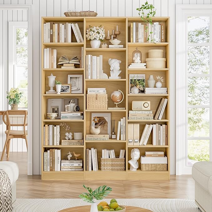 FACBOTALL Triple Wide Bookshelf, 6 Tier Large Bookshelf, Bookcase with 17 Open Display Shelves, 74'' Tall Bookcases and Bookshelves for Living Room, Home Office, Library, Natural