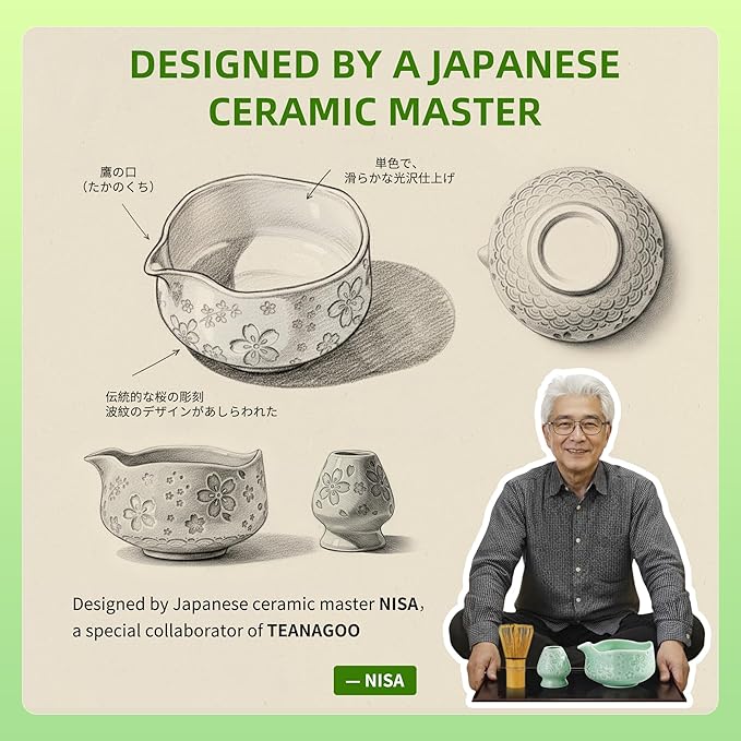 TEANAGOO Matcha Whisk Set,7 Pcs Matcha Set Blue Green,Ceremony Matcha Kit,Matcha Tea Set for Making Latte,Ceramic Bowl(chawan) whith Spout and Whisk,Gift for Matcha Lovers