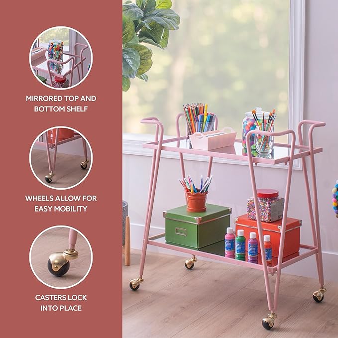 Gina Pink Mid-Century Bar Cart with Mirrored Shelves and Locking Wheels by Linon
