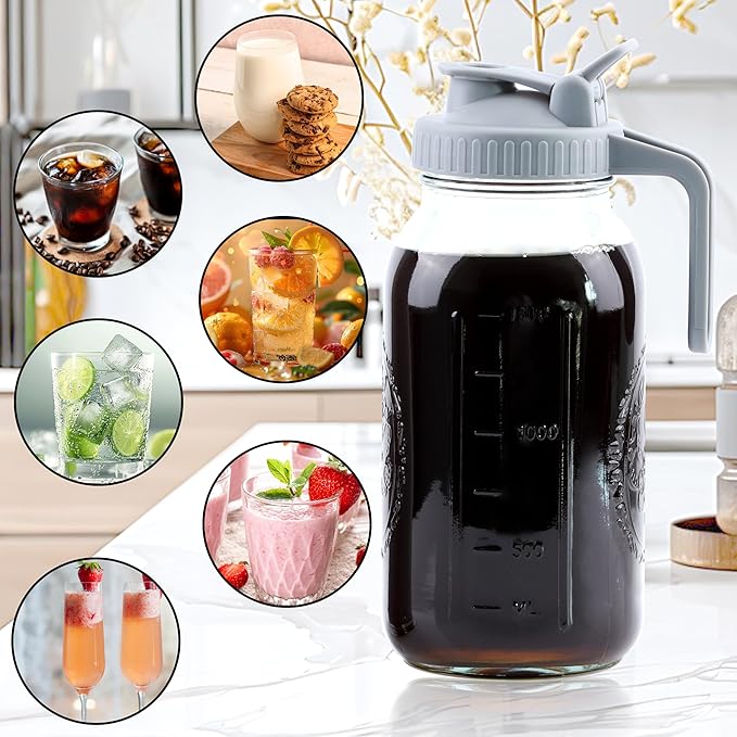 Cold Brew Coffee Maker 32 Oz Mason Jar Cold Brew Pitcher With Strainer 1 Quart Wide Mouth Glass Iced Coffee Maker With Spout Lids Glass Pitcher For Fridge, Sun Tea, Lemonade, Cold Brew