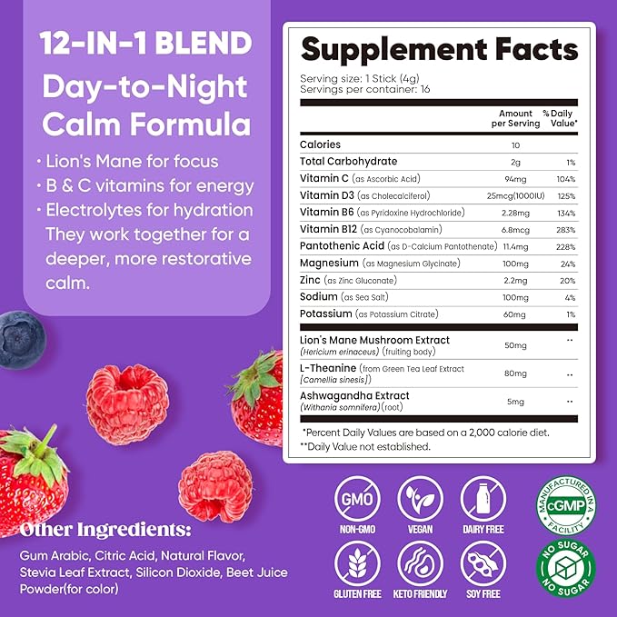 Venture Pal Calm Drink Mix, Cortisol Reducer and Sleep Aid with Magnesium Glycinate, Ashwagandha, L-Theanine,Vitamin D, Calm Magnesium Powder for Relax & Focus, No Sugar, Non GMO, Vegan & Gluten-Free