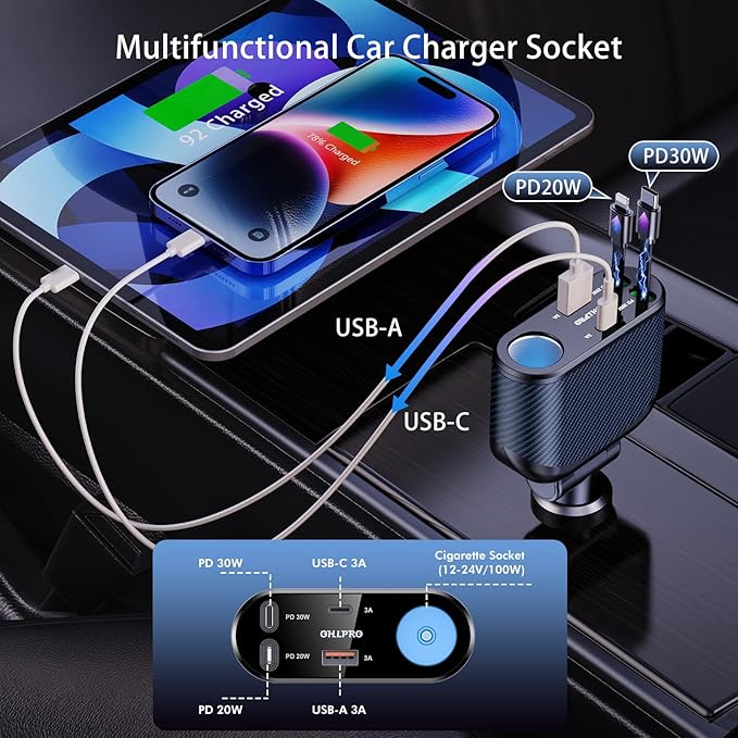 OHLPRO Retractable Car Charger Cigarette Lighter Adapter, 168W 5 in 1 Fast Phone Charging Built-in Replaceable Fuse, Socket Splitter with USB C and USB i Cord, Fit for Phone, iPad, Galaxy, GPS