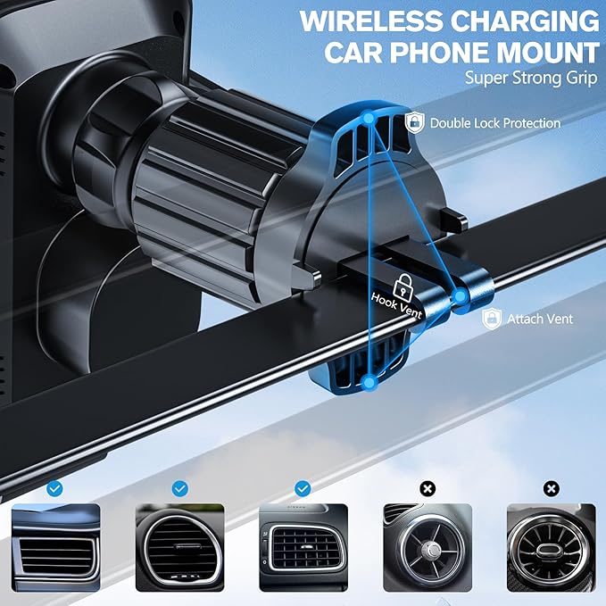 2026【80+LBS Safest Strongest】 Upgrade Car Phone Holder Mount, 360° Rotation Wireless Car Charger with Metal Hook Clip & Strongest Suction for Dashboard Windshield Vent for iPhone 17 16 Samsung