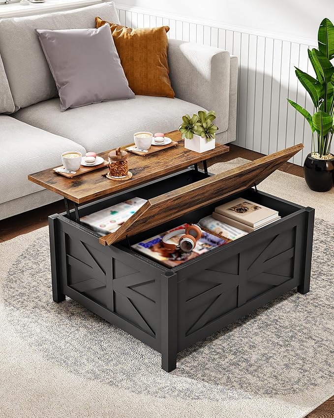 31.5" Lift Top Coffee Table, Farmhouse Coffee Table with Charging Station and Storage, 2 AC Outlets and 2 USB Ports, Black and Rustic Brown MKF02UBFN1