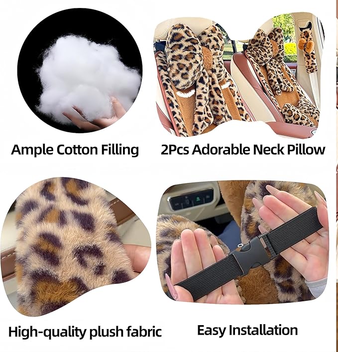 Car Steering Wheel Cover with Leopard Print & Cute Bowknot Soft Anti-Slip Y2K Retro Luxury Fluffy Fur Car Interior Accessory (Leopard Set 5)
