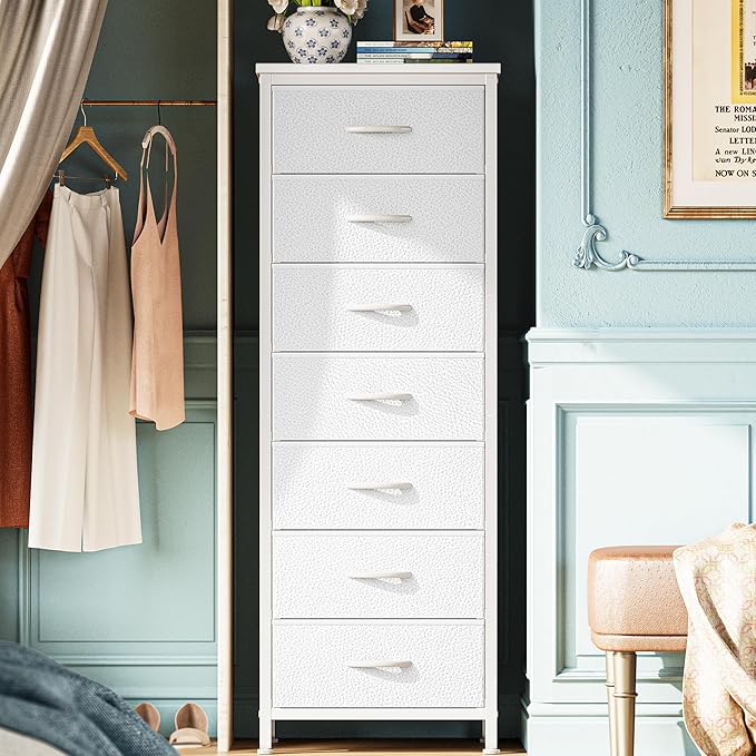 Huuger Tall Dresser for Bedroom, 7 Drawer Dresser & Chests of Drawers, Fabric Drawer for Closet, Bedroom, Night Stand, Metal Frame, Storage Tower with Fabric Bins, White