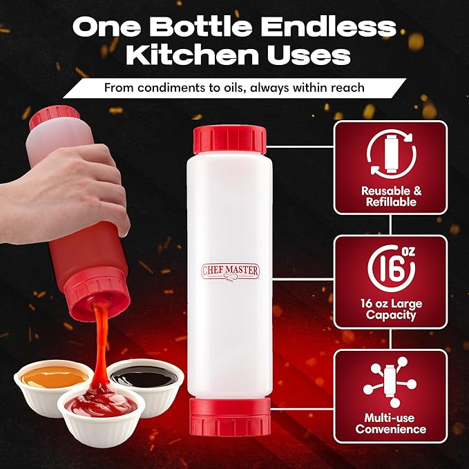 Chef Master 16 Oz. Squeeze Bottles for Sauces (6-Pack) - FIFO, Inverted - Condiment Squeeze Bottles for Liquids, Sauces, Batter & Dressing - Fill & Flip, Refillable - For Restaurants & Diners - 90290