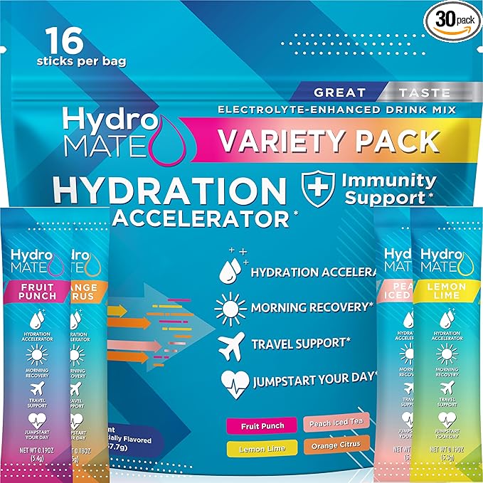 HydroMATE Electrolytes Powder Packets Low Carb Hydration Accelerator Drink Mix Party Relief Plus Vitamin C Variety Pack 16 Sticks