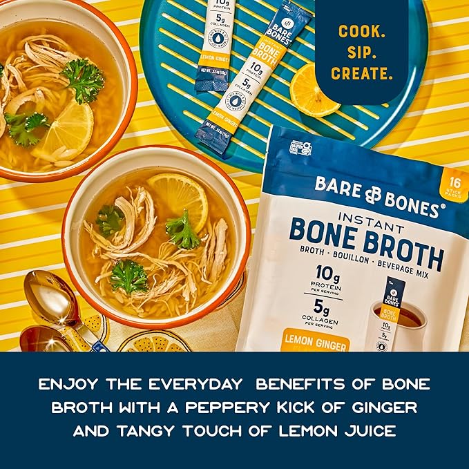 Bare Bones Lemon Ginger Bone Broth Instant Powdered Mix Packets | 5g Collagen | 10g Protein | Keto & Paleo Friendly | No Artificial Flavors | Rich Savory on-the-go 16 Pack