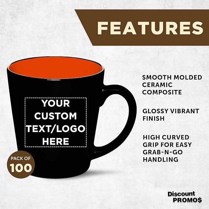 Custom Ceramic Coffee Latte Mugs 12 oz. Set of 100, Personalized Bulk Pack - Perfect for Coffee, Tea, Espresso, Hot Cocoa, Other Beverages - Orange