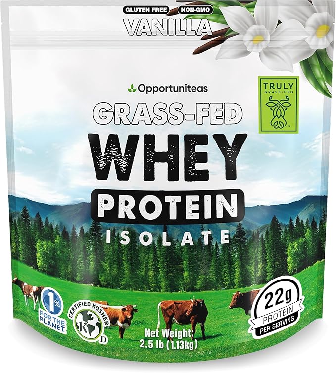 Opportuniteas Grass Fed Vanilla Whey Protein Isolate Powder - 22g Protein Powder Without Artificial Sweeteners, Hormone-Free Cows, Non GMO - 2.5lb