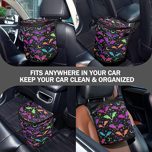 Colorful Bats Car Trash Can Star Moon Black Car Garbage Bag with Lid Hanging Waterproof Leak Proof Vehicle Storage Bin
