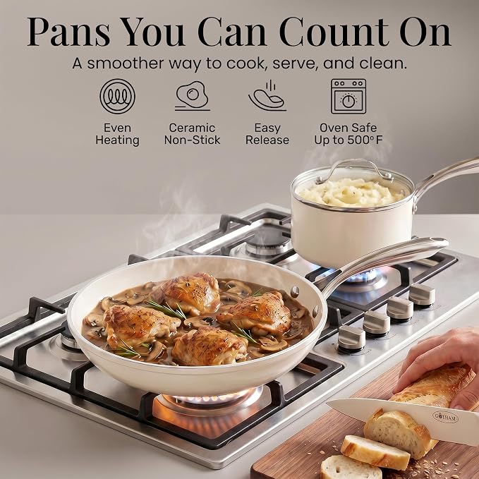 Gotham Steel 20pcs Pots and Pans Set Non Stick Ceramic Cookware Set with Deep Frying Pan Set & 6pc Knife Set, Made without PFOA PFOS, Lasts 2x Longer, Oven & Dishwasher Safe