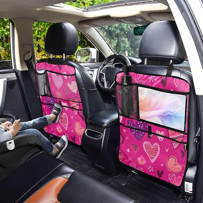 2 Pack Back Seat Car Organizer with Storage Pockets Kick Mats Back Seat Protector Hanging Car Organizer Automotive Seat Back Cover Organizers Hot Pink Doodle Hearts Stars