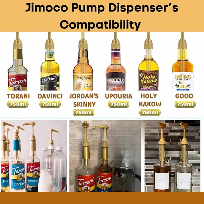 Jimoco Syrup Pump & Torani Syrup Bundle - Sugar Free Salted Caramel, French Vanilla, Brown Sugar Cinnamon, Vanilla Bean, Caramel Classic, Peanut Butter Cup - For Italian Soda Coffee, Lattes, Frappes With 6 Pump Dispensers