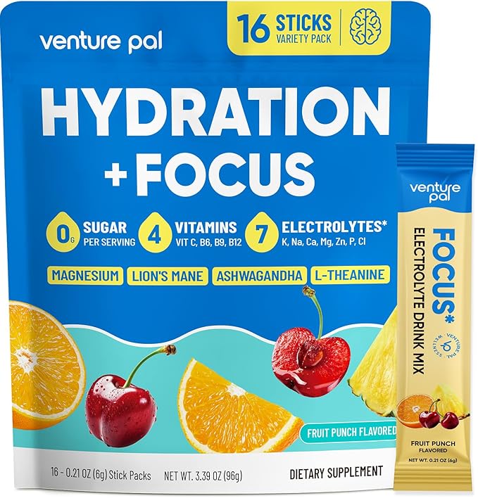 Venture Pal 2-in-1 Hydration Packets + Focus Support Electrolytes Powder, 7 Electrolytes + Vitamins, Magnesium, Lion's Mane & L-Theanine | Sugar Free Liquid Daily IV Drink Mix, Vegan, Keto, 16 Sticks