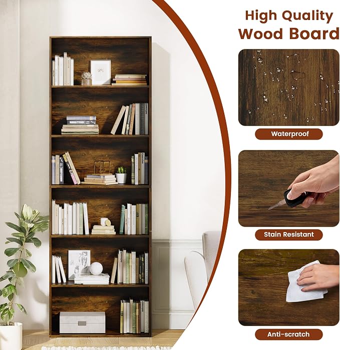 GRUSIGN 71" Tall 6-Tier Bookshelf, Large Open Display Bookcase with Ample Storage, Floor Standing Book Shelf for Living Room, Home Office, Bed Room, Brown