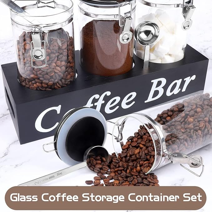 WYTAOHZL 3PCS Glass Coffee Containers with Shelf 54 oz Coffee Station Organizer Glass Bean Storage with Spoon Canister Set Jars with Airtight Locking Clamp for Bean Sugar Nuts