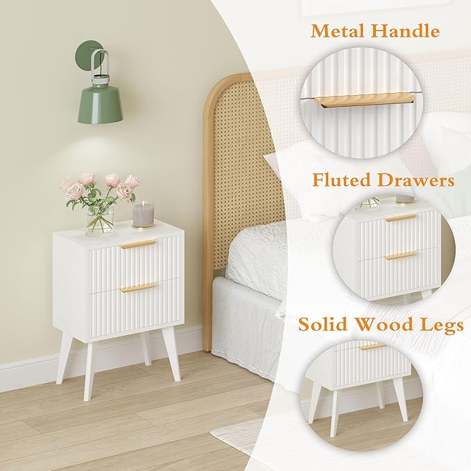 Fluted Nightstand with 2 Drawers,Modern Bedside Table with Metal Handles,Side Table with Solid Wood Legs,End Table for Living Room,Bedroom,Small Spcae 11.8" D x 16" W x 22.4" H White CTG55W