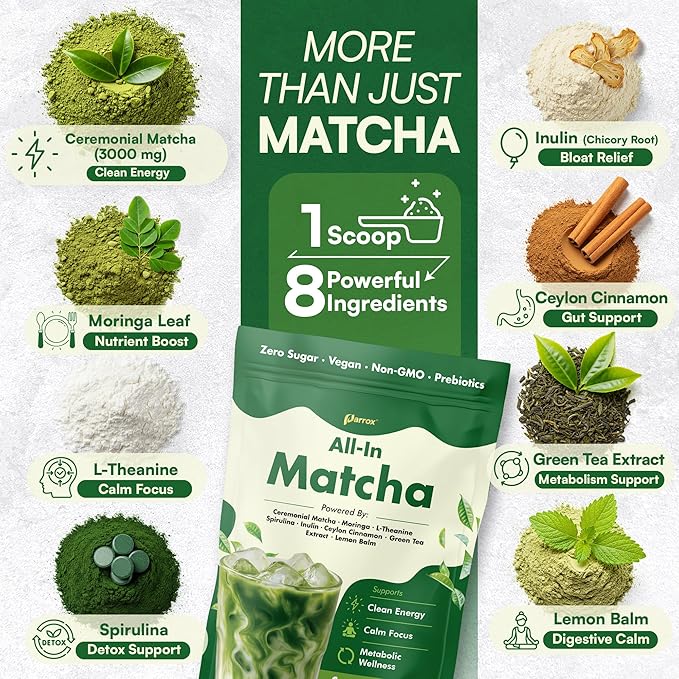 Ceremonial Grade Matcha Powder Infused with Moringa, Green Tea Extract, L-Theanine, Inulin, Spirulina, Ceylon Cinnamon, and Lemon Balm – 100% First Harvest Japanese Tea (30 Servings)