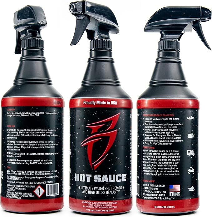 Boat Bling Hot Sauce Premium Hard Water Spot Remover w/High-Gloss Wax Sealants, 32 oz., black