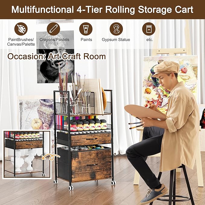 Rolling Storage Cart with 2 Drawers, 4 Tier Heavy Duty Utility Cart with Adjustable Dividers & Wheels, Mobile Storage Cabinet for Home, Office, Classroom, Coffee Bar, Black/Antique