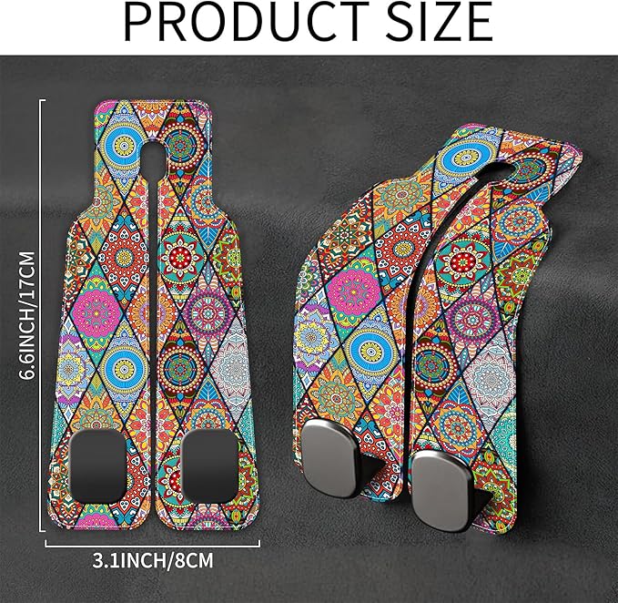 Purse Hook for Car Vintage Boho Mandala Flowers 1 Pack Headrest Back Seat Hook Premium Leather Double Metal Hanger Storage Pack Bag Purse Holder Car Accessories